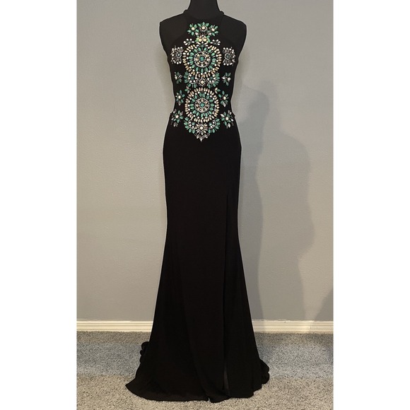 Rachel Allan Black Beaded Halter Prom‎ Dress - Size 8 Form Fitting High Slit - Picture 2 of 9